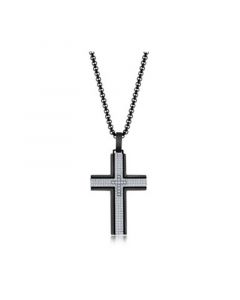 Men's Stainless Steel Black & Silver CZ Cross Necklace