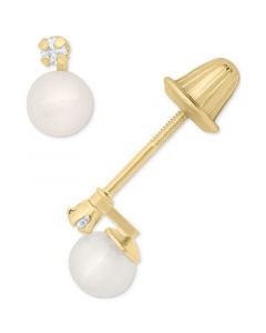 Children's Cultured Freshwater Pearl (4mm) & Diamond Accent Stud Earrings in 14k Gold