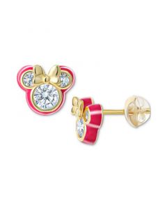 Cubic Zirconia & Deep Pink Enamel Minnie Mouse Stud Earrings in 18k Gold-Plated Sterling Silver