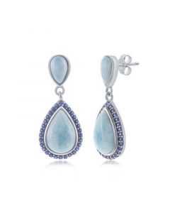 Sterling Silver Double Pear-Shaped Larimar and Sapphire CZ Earrings