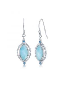 Sterling Silver Marquise Larimar with Round Blue CZ Rope Design Earrings