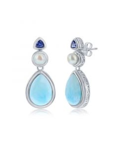 Sterling Silver Pearshaped Larimar with FWP & Tanzanite CZ Earrings