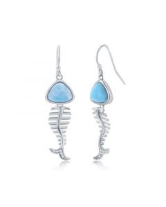 Sterling Silver Larimar & CZ Fish Skeleton Earrings