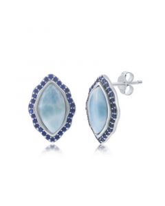 Sterling Silver Marquise Larimar with Sapphire CZ Border Stud Earrings