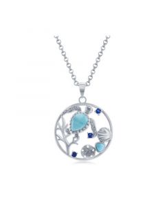 Sterling Silver Turtle, Seashell, Sand Dollar Larimar & CZ Round Necklace