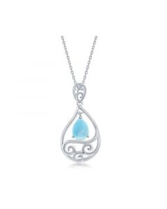 Sterling Silver Dangling Pearshaped Larimar and Waves Necklace