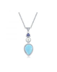 Sterling Silver Pearshaped Larimar with FWP and Tanzanite CZ Necklace