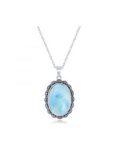 Sterling Silver Oval Larimar Filigree Design Oxidized Necklace