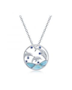 Sterling Silver Larimar & CZ Diving Dolphins Round Necklace