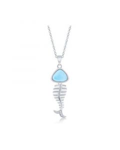 Sterling Silver Larimar and CZ Fish Skeleton Necklace