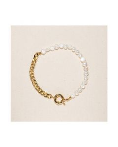 18K Gold Plated Freshwater Pearl with Cuban Chain - Lauren Bracelet 8" For Women and Girls