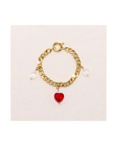 18K Gold Plated Freshwater Pearls Chunky Chain with Glass Red Heart Charm - Kokoro Bracelet 8" For Women and Girls