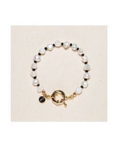 18K Gold Plated Freshwater Pearl with Black Japanese Beads - Victoria Bracelet 9" For Women and Girls