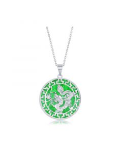 Sterling Silver Round w/ Dragon Design Jade Necklace