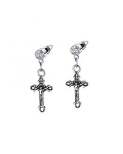 Stainless Steel Oxidized Cross Charm & CZ Huggie Hoop Earrings