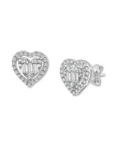 Diamond Baguette & Round Cluster Heart Stud Earrings (1/4 ct. t.w.) in 14k White Gold, Created for Macy's