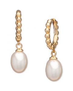 Cultured Freshwater Oval Pearl (6 x 8mm) Beaded Hoop Dangle Drop Earrings in 18k Gold-Plated Sterling Silver