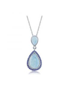 Sterling Silver Double Pear-Shaped Larimar with Sapphire CZ Necklace