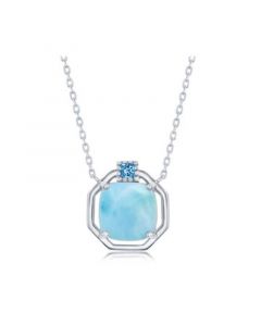 Sterling Silver Cushion-Cut Larimar with CZ Hexagon Necklace