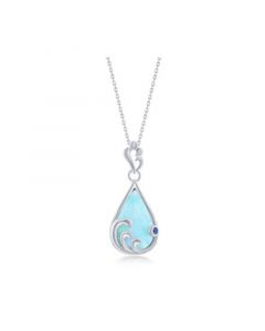 Sterling Silver Larimar & Blue CZ Pearshaped Wave Design Necklace