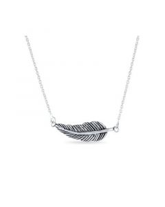 Native American Style Bohemian Boho Sideways Diagonal Feather Leaf Pendant Necklace Western Jewelry For Women For Teen Oxidized .925 Sterling Silver