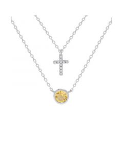 Citrine (3/8 ct. t.w.) & Cubic Zirconia Bezel & Cross 18" Layered Pendant Necklace in Sterling Silver