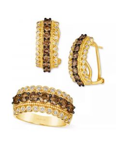 Chocolate & Nude Diamond Multirow Ring & Earring Collection in 14k Gold