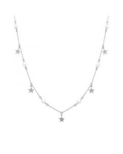 Cultured Freshwater Pearl (4mm) & Diamond Accent Star Dangle 17" Collar Necklace in Sterling Silver