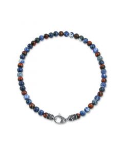 Bali Style Gemstone Blue Sodalite Brown Tiger Eye Ball Bead Strand Necklace For Men Women Stainless Steel Hook Clasp