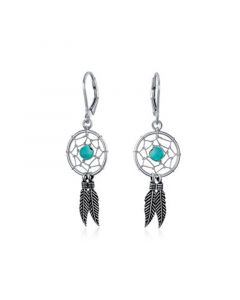 Blue Turquoise Western Jewelry Dream Catcher Feather Dangle Earrings For Women Teen .925 Sterling Silver