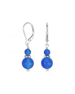 Gemstone Natural Blue Agate Boho Bali Milgrain Edged Beaded Rondel Separator Double Ball Round Drop Dangle Earrings For Women Teen .925 Sterling Silver Lever back