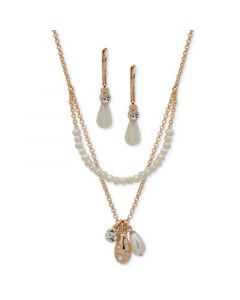 Gold-Tone Crystal Imitation-Pearl Two-Row Necklace & Drop Earrings Set