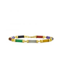 Asian Style Gemstone Genuine Multi Color Yellow Red White Green Jade Strand Slender Tube Bar Link Bracelet For Women 14K Yellow Gold Plated .925 Sterling Silver 7.5 Inch