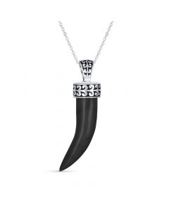 Protection Tooth Amulet Black Onyx Gemstone Cornicello Italian Horn L Chili Pepper Pendant Necklace Western Jewelry For Women For Men Oxidized .925 Sterling Silver Scroll