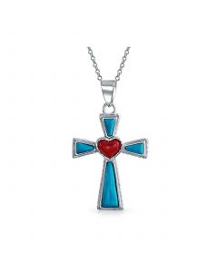 South Western Style Gemstone Blue Stabilized Turquoise Red Heart Cross Pendant Religious .925 Sterling Silver Necklace For Women Teen