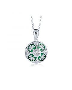 Personalized BFF Vintage Style Lucky Green Enamel Shamrock Clover Round Celtic Irish Two Photo Round Memorial Hold Pictures Locket Necklace For Women .925 Sterling Silver Customizable