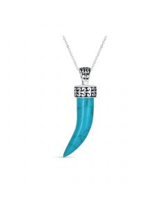 Protection Tooth Amulet Blue Turquoise Gemstone Cornicello Italian Horn L Chili Pepper Pendant Necklace Western Jewelry For Women For Men Oxidized .925 Sterling Silver Scroll