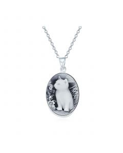 Vintage Antique Style Simulated Black Onyx Sitting Kitten Kitty Cat Cameo Pendant Necklace For Women Teen .925 Sterling Silver