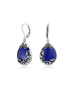 Western Style Teardrop Scroll Filigree Scroll Blue Lapis Lazuli Lever Back Dangle Earrings For Women .925 Sterling Silver