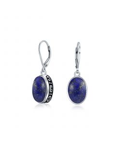 Western Style 3CT Oval Dome Blue Lapis Lazuli Gemstone Bezel Drop Dangle Lever Back Earrings For Women .925 Sterling Silver