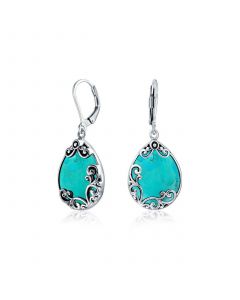 Western Style Teardrop Scroll Filigree Scroll Stabilized Turquoise Lever Back Dangle Earrings For Women .925 Sterling Silver