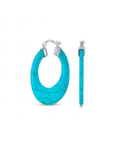 Wide Flat Blue Turquoise Gemstone Large Oval Hoop Earrings For Women Teen .925 Sterling Silver More Colors 1.5" Diameter