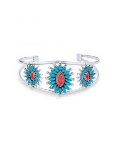 Personalize South Western Navajo Style Orange Red Coral Blue Turquoise Zuni Needlepoint Jewelry Flower Blossom Wide Cuff Bracelet For Women .925 Sterling Silver Customizable