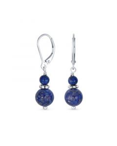 Gemstone Natural Blue Lapis Lazuli Boho Bali Milgrain Edged Beaded Rondel Separator Double Ball Round Drop Dangle Earrings For Women Teen .925 Sterling Silver Lever back