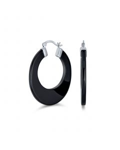 Wide Flat Black Gemstone Large Oval Hoop Earrings Western Jewelry For Women Teen .925 Sterling Silver 1.5" Diameter