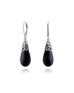 Western Style Gemstone Black Onyx Elongated Teardrop Filigree Lever Back Dangle Earrings For Women .925 Sterling Silver