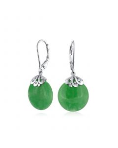 Western Style Filigree Lever Back Gemstones Green Dyed Jade Flat Round Circle Disc Dangle Drops Earrings For Women .925 Sterling Silver