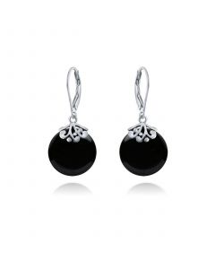 Western Style Filigree Lever Back Gemstones Black Onyx Flat Round Circle Disc Dangle Drops Earrings For Women .925 Sterling Silver