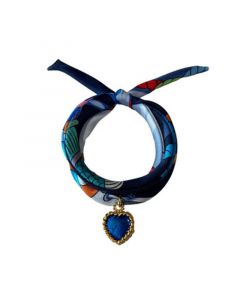 Navy Blue Hand Printed Silk Twill Women's Bracelet Sterling Silver Gold Plated Enamel Love Charm