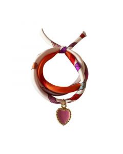 Pink Hand Printed Silk Twill Women's Bracelet Sterling Silver Gold Plated Enamel Love Charm